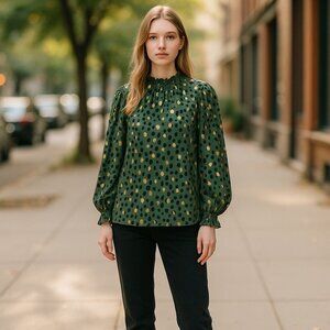 NEW Green Gold Polka Dot Size XL Womens Ruffle High Neck Long Sleeve Blouse
